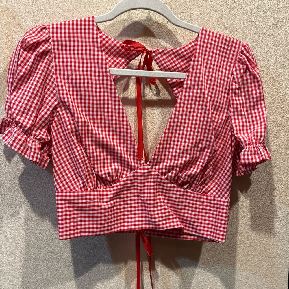 Custom Red Gingham Puff Sleeve Top